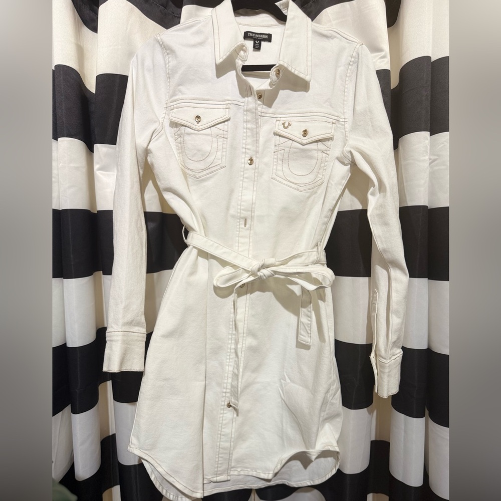 True Religion Ivory Long Sleeve Jean Shirt Dress - Picture 5 of 6